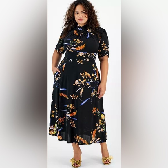 RACHEL Rachel Roy Black Floral-Print Twist-Neck Harland Dress Size 24W - Picture 1 of 6